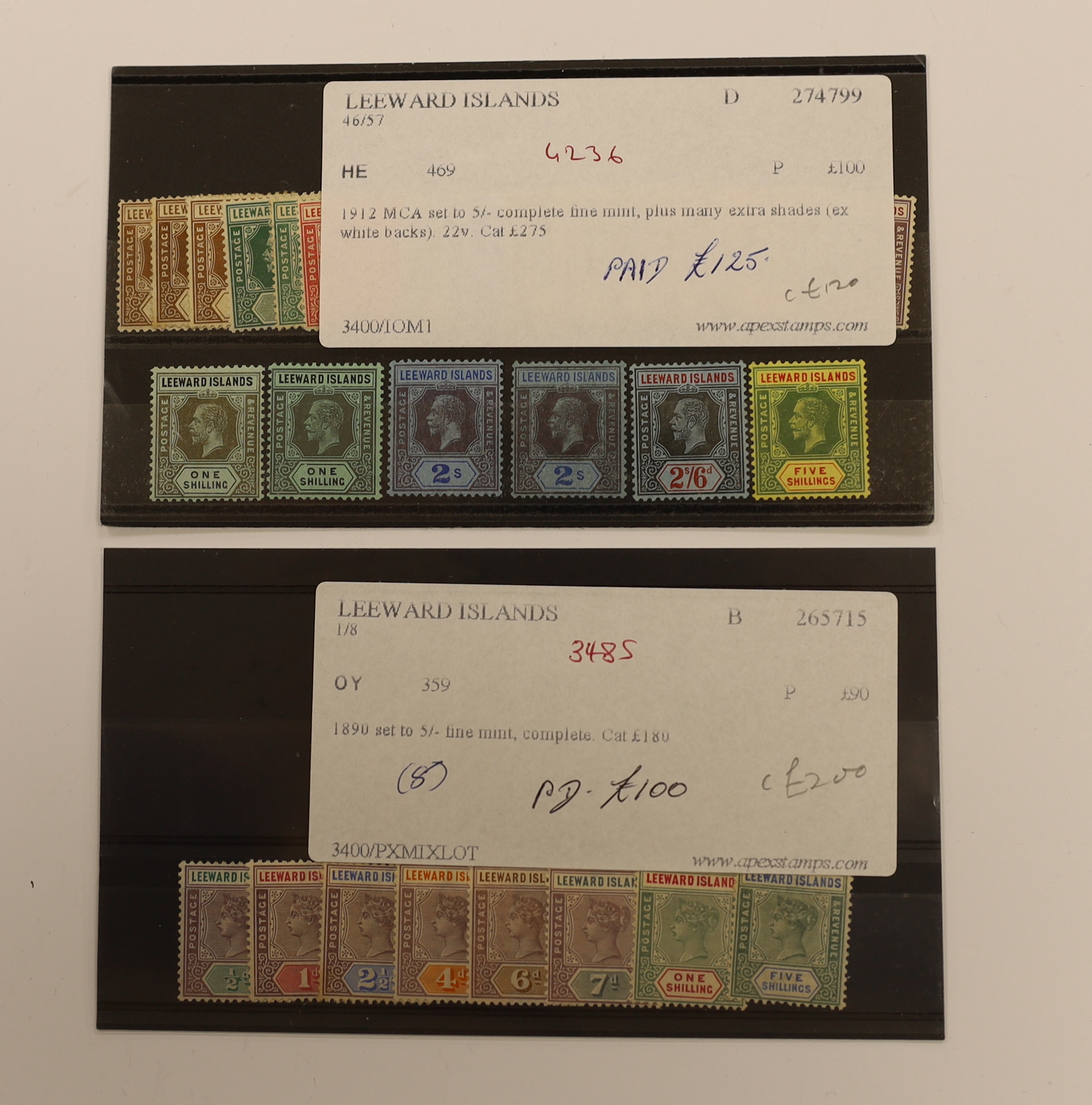 A selection of stamps including British East Africa, 1897 1r to 4r, Leeward Islands 1890 set, 1921 set to £1, K.U.T. 1912 1c to 10r, Tangyika 1927 to £1, Uganda 1898 set, Mauritius 1879-80 set, 1921 to 10r (2) etc.